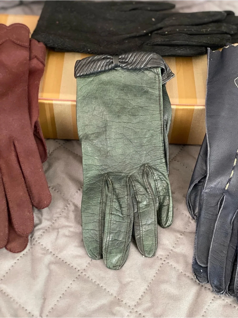 Mixed Vintage Leather Gloves Set - Black, Brown, Green, Navy